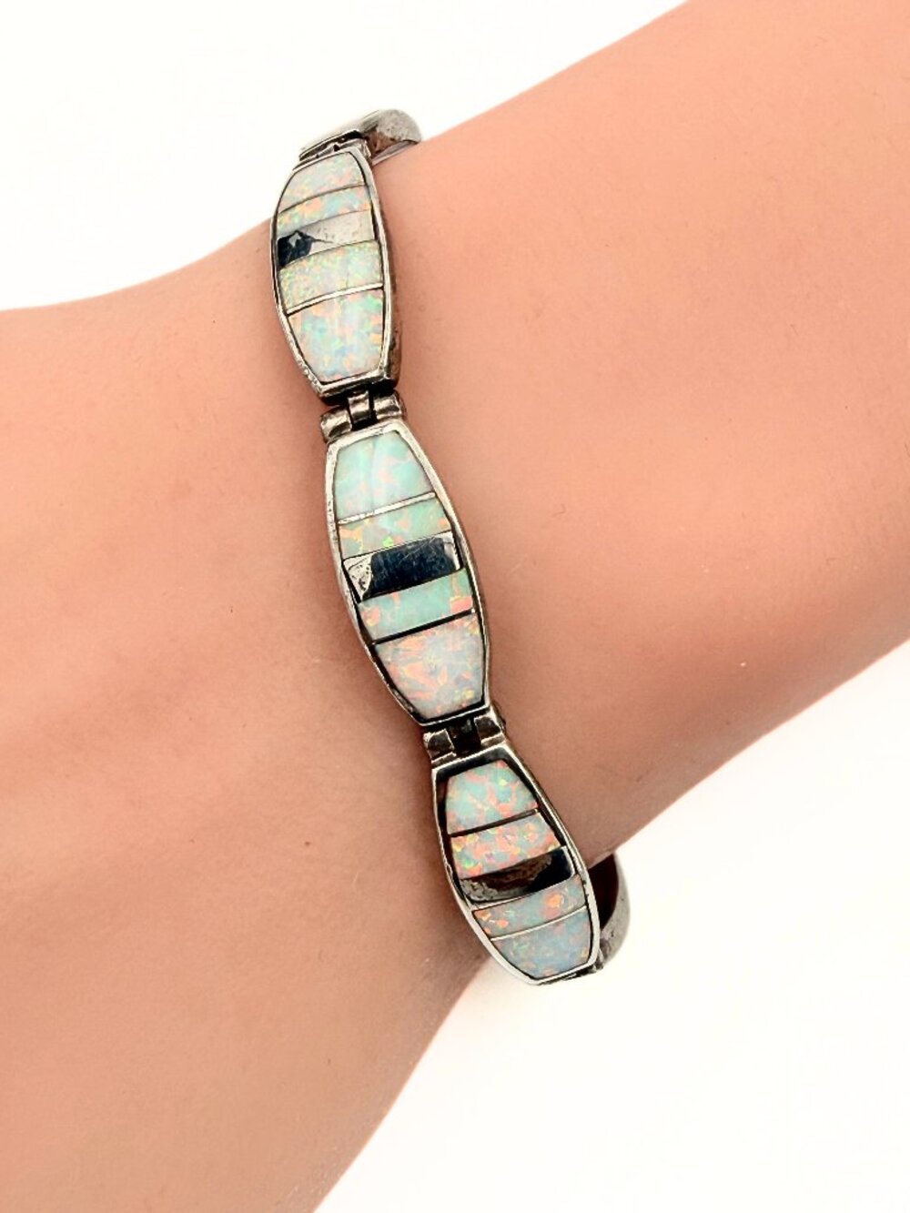 Calvin Begay Stamped Navajo Sterling Silver Lab Opal Inlay Link Bracelet